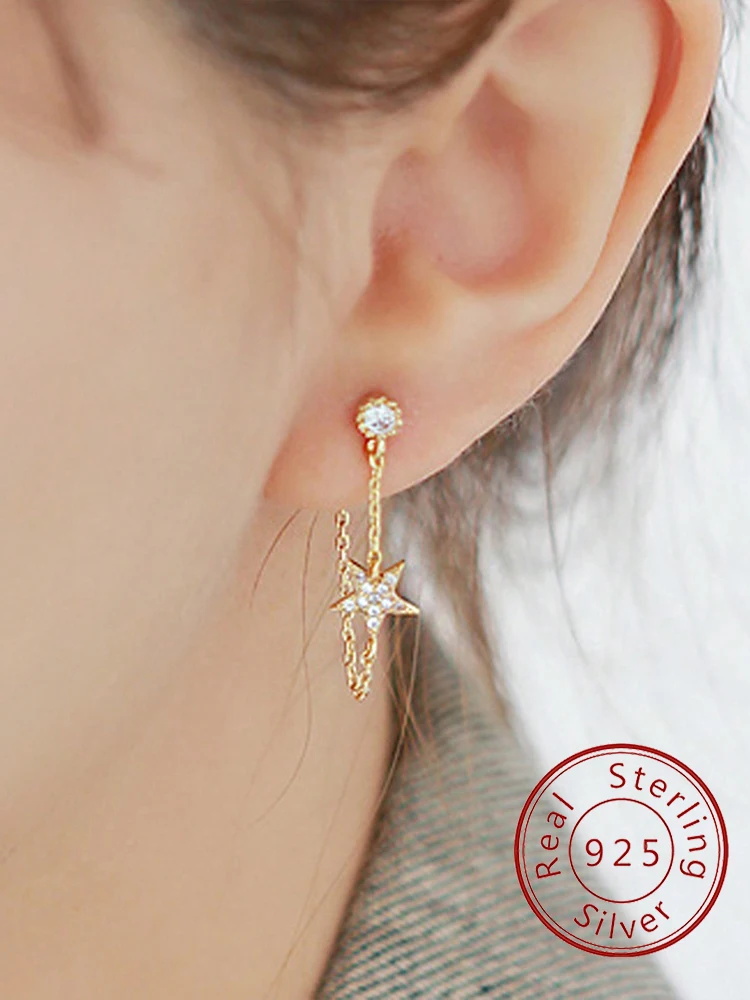 Schlichtheit aus 925er-Sterlingsilber, klassische fünfzackige Stern-Zirkon-Ohrringe für Frauen, Jahrestag, Party, hochwertiger edler Schmuck Image