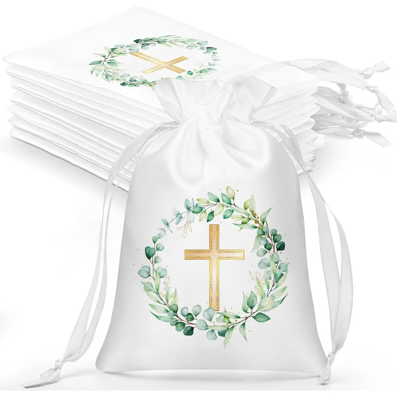 10 Stück Geschenktüten aus Satin für die Taufe mit Kordelzug, 10,2 x 15,2 cm, religiöse Geschenktüten für die Taufe, Erstkommunion, Mitbringsel Image