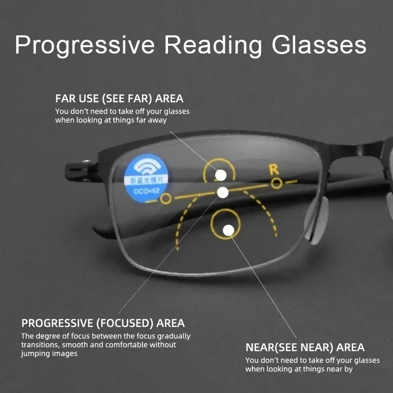 Progressive Multifokus-Lesebrille, blaues Licht blockierendes Titan, Anti-Ermüdung, Vollformat, multifokale Lesebrille, 1,0 bis 4 Image