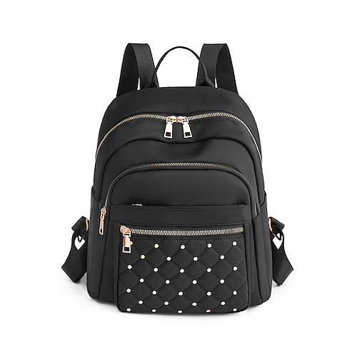 Zaino da donna in nylon idrorepellente con cerniere dorate, design trapuntato con borchie, zaino leggero alla moda per università, lavoro e viaggi