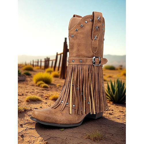 Per donna Stivali Stivali da biker Stivali da Moto Scarpe con nappe Feste Club Abbigliamento casual alla moda Stella Rivetto Nappa Tacco grosso Punta Tonda Bohemien Punk Moda Pelle PU Slip-on Nero