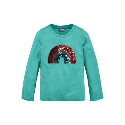 Langarmshirt KIDSWORLD "Regenbogen Pailletten-Applikation", Mädchen, Gr. 140/146, blau (türkis), Jersey, Obermaterial: 100% Baumwolle, bedruckt, modisch, Basic hüftlang, Rundhals, Langarm abgesteppte Kante, Shirts, Langarm, Basic-Passform, mit... Image