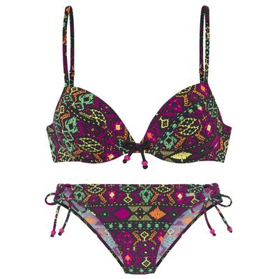 Push-Up-Bikini BUFFALO, Damen, Gr. 42, Cup C, schwarz (schwarz bedruckt), Microfaser, Bikini-Sets, farbenfroher Ethnodruck Image