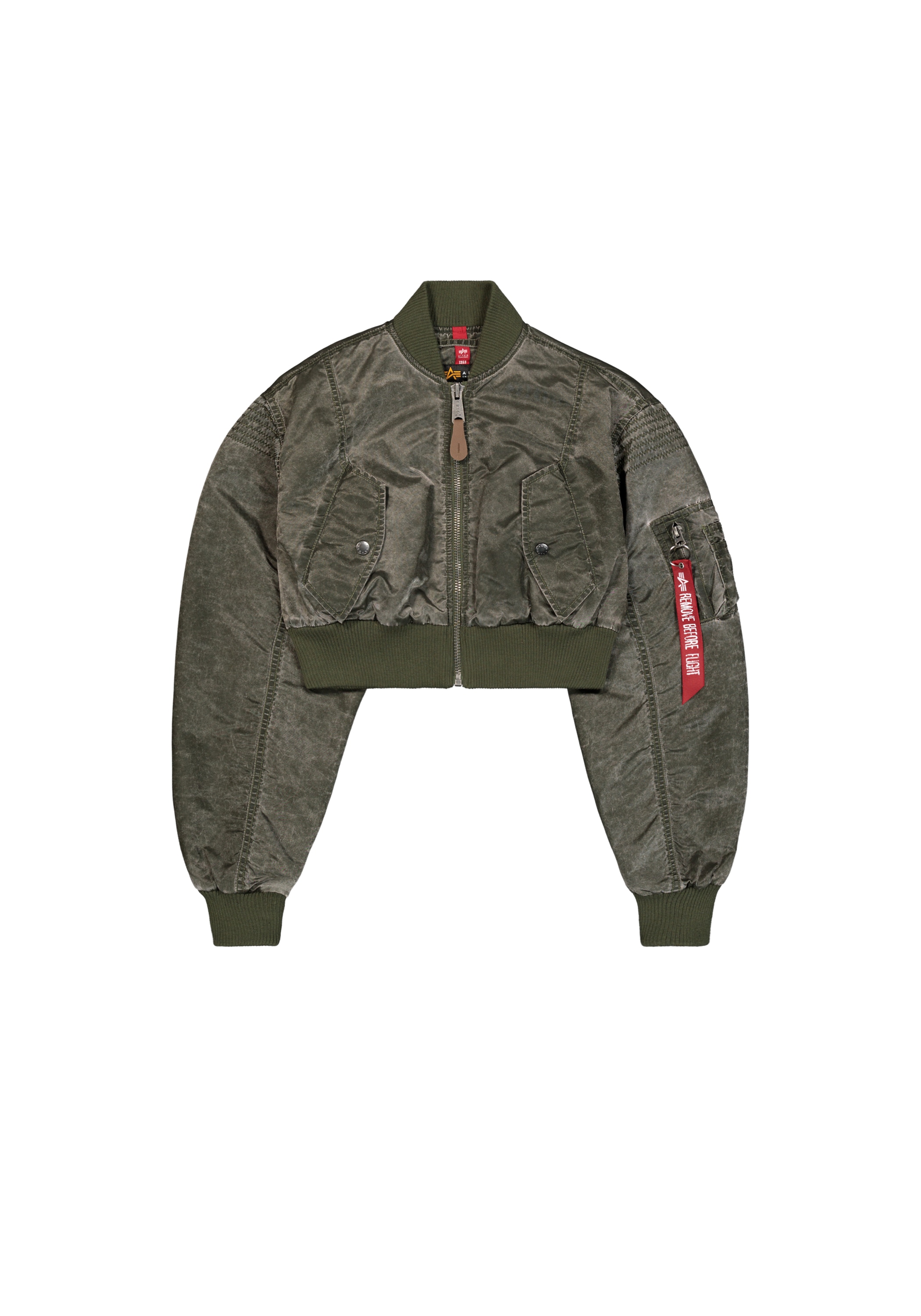 Bomberjacke ALPHA INDUSTRIES "MA-1 Vintage Cropped Light W", Damen, Gr. L, grün (schwarz olive), Obermaterial: 100% Nylon, Futter: 100% Nylon, Rib: 99% Polyester, 1% Elastan, Jacken Bomberjacke