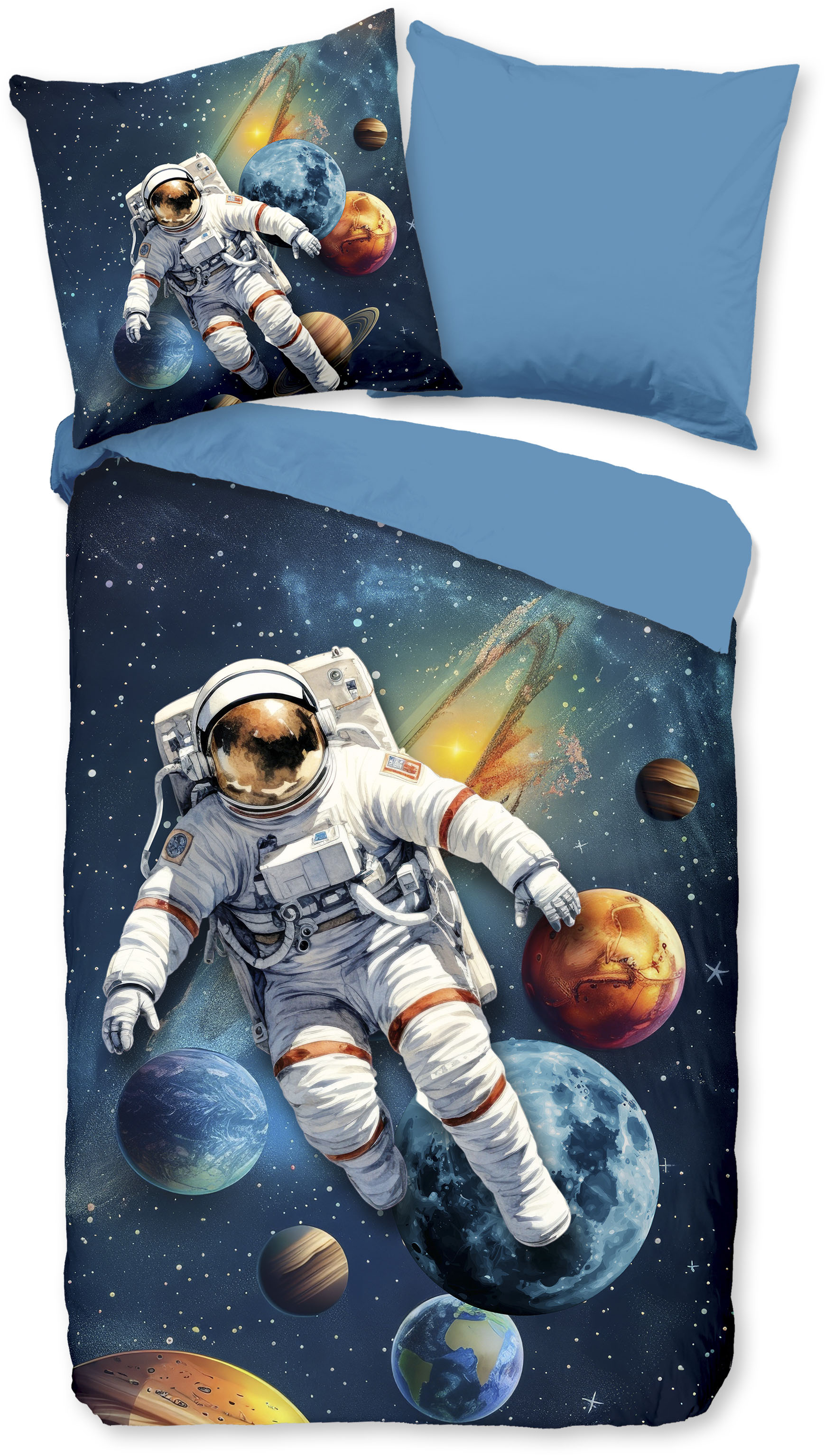 Kinderbettwäsche "Saros", blau (dunkelblau), B/L: 135cm x 200cm, 1 Stk., 1 Stk., Microfaser, B/L: 80cm x 80cm, Microfaser, Obermaterial: 100% Polyester, PURE LUXURY COLLECTION, Bettwäsche, Mikrofaser, 135x200, 2 Teilig, Wendeoptik, Kind, Weltall,... Image