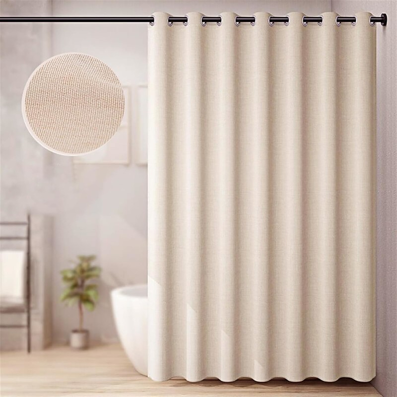 Fabric Shower Curtain, Linen Textured Heavy Duty Thick Shower Curtains for Bathroom, Waterproof Decorative Bath Curtain, Washable Weighted Hem Shower Curtain