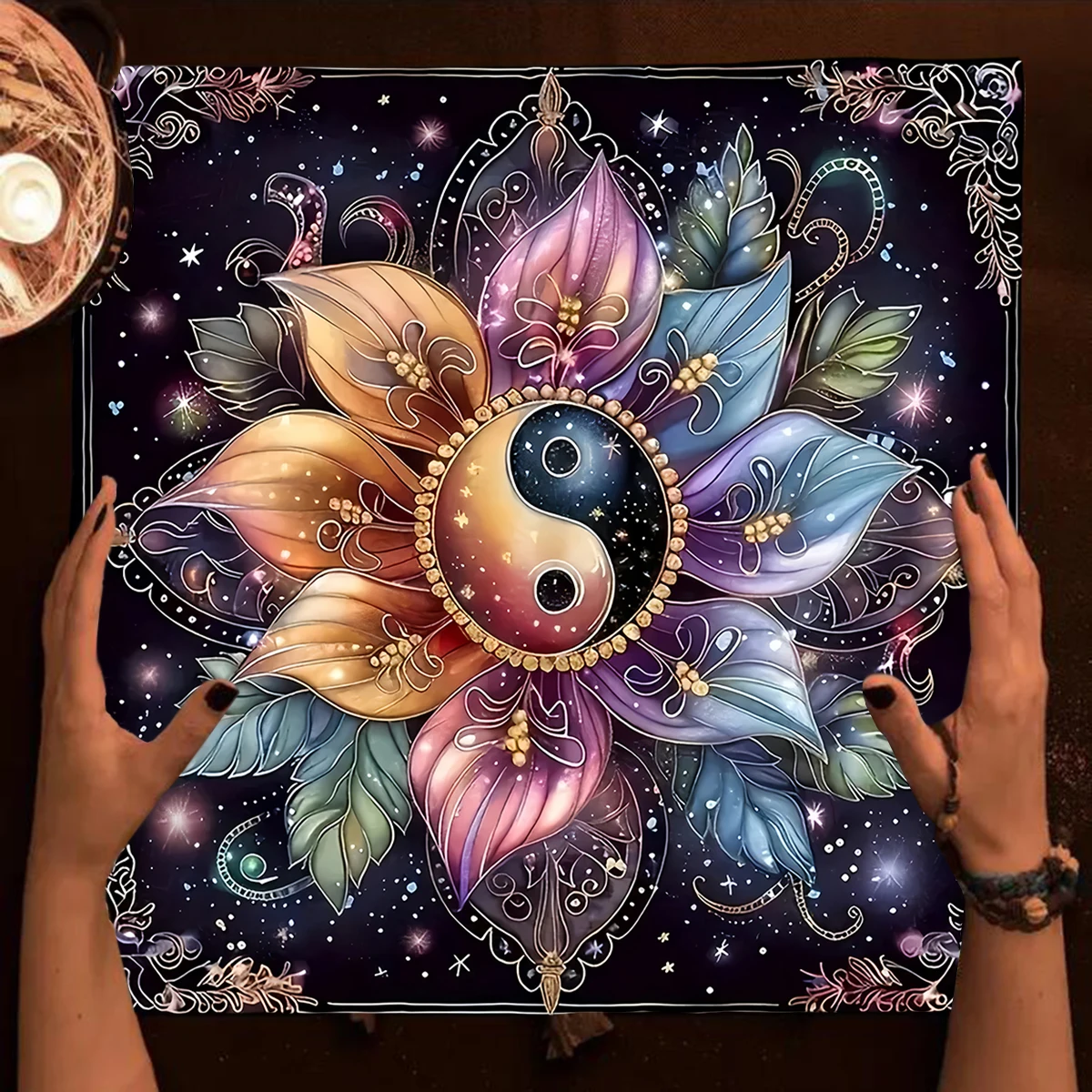 Lebhafte Mandala Yin-Yang Tarot Tuch Altar Tuch Sternenhimmel Floral Tarot Karte Tischdecke für Wahrsagerei Matte Witchy Geschenke Dekor Image