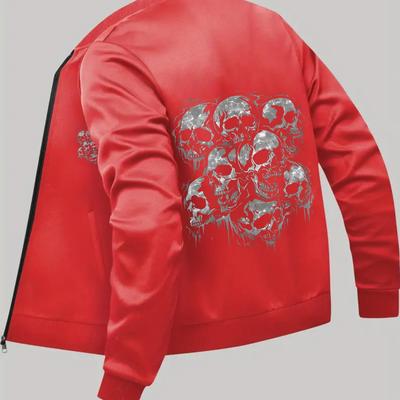 TEMU Kourrter Men's Casual Jacket 2024, Vintage , Polyester Blend, Random Skull Print, Knitted Stretch Fabric, Regular Fit, Baseball Collar, Pocket Detail, Mature Style Image