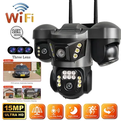 15MP WiFi IP Camera Outdoor Triple Lens Triple Screens Security Video Monitor Night Vision Waterproof PTZ CCTV V380 Pro Cameras