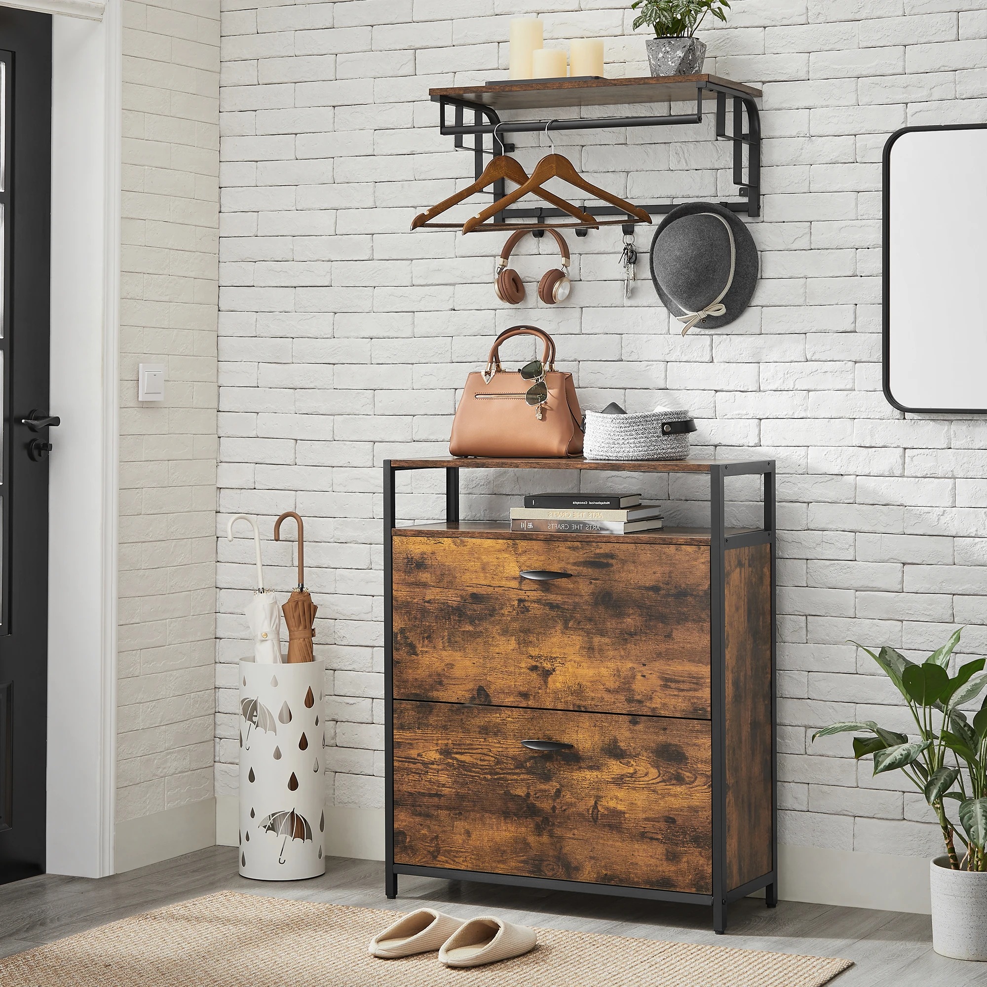 VASAGLE Schuhschrank, schmales Schuhregal, Schuhkipper mit 2 Klappen, für 10-16 Paar Schuhe, platzsparend, staubdicht