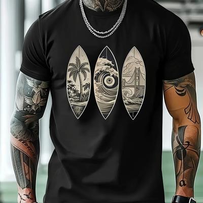 TEMU Men's With Surfboard And Tropical Graphic - Short Sleeve, Round Neck, Fit, Beach And Casual Attire, Beach Casual Wear | Surfboard Print Shirt | Shirt Image