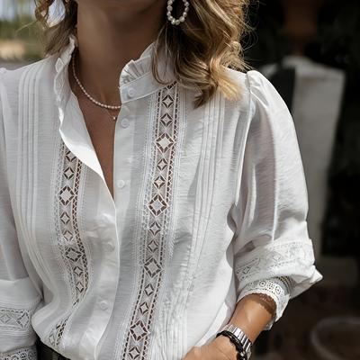 TEMU Elegant Women' Blouse With Intricate Lace Trim - Long Sleeve, Button-up Shirt For Spring/summer, Casual Or Formal Occasions, Formal Attire | Elegant Shirt | Lace Trim Detail, Ladies Blouses Image