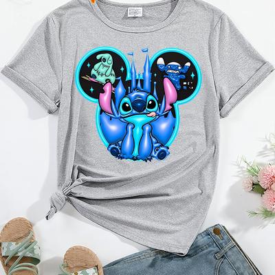 TEMU Stitch & Graphic Print Women's Y2k T-shirt - Black Crew Neck Short Sleeve, Non-transparent Fabric, Machine Washable Casual Casual Attire, Family Shirts, Apparel, Vibrant Graphic Tee Image