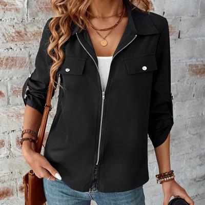 TEMU Flap Pockets Zip Up Jacket, Elegant Long Sleeve Collared Jacket For Spring & Fall, Women's Clothing Image
