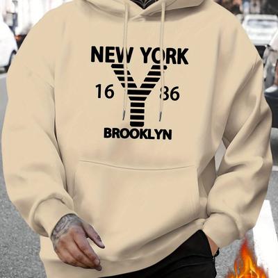 TEMU Men's Hoodie - Casual Fall/ Pullover With Drawstring Hood, Knit Fabric, Regular Fit, 100% Polyester, Hooded Neckline, Stretch, Long Sleeve Sweatshirt Image