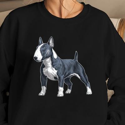 TEMU Women' Sweatshirt With Bull Terrier Illustration, Casual Round Neck, Geometric Pattern, Knit Fabric, Polyester, Regular Length, Autumn/winter Collection Image
