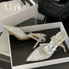 Liyke Sexy Strass Knöchelriemen Damen Pumps Sandalen Kristall Mesh Spitzschuh Silber High Heels Hochzeit Bankett Schuhe Größe 41