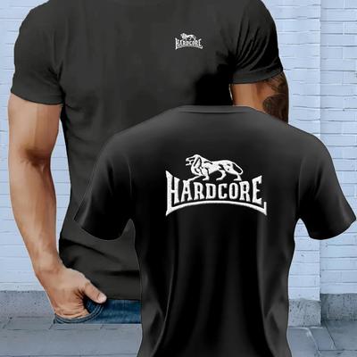 TEMU Men's Hardcore Graphic T-shirt - Black Casual Polyester Crew Neck Tee With White & Text, Summer, Outdoor, And Camping Wear, Camping Clothing | Sporty Look | Durable Fabric Image