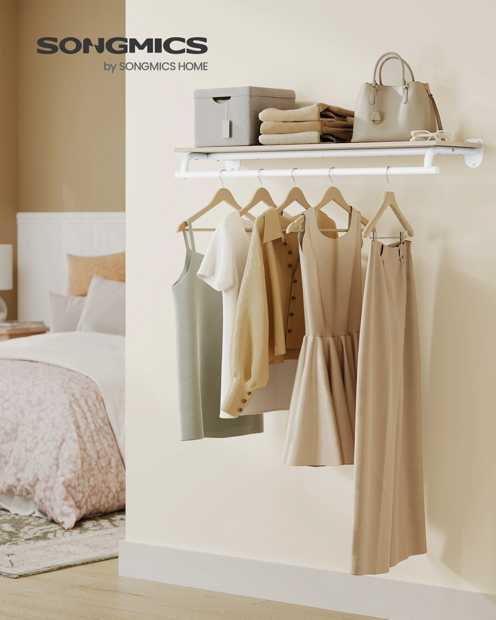 SONGMICS Wandgarderobe, Garderobe, Wandregal mit Kleiderstange, Gesamtbelastbarkeit 60 kg, 28 x 109 x 13,2 cm, für Schlafzimmer Image
