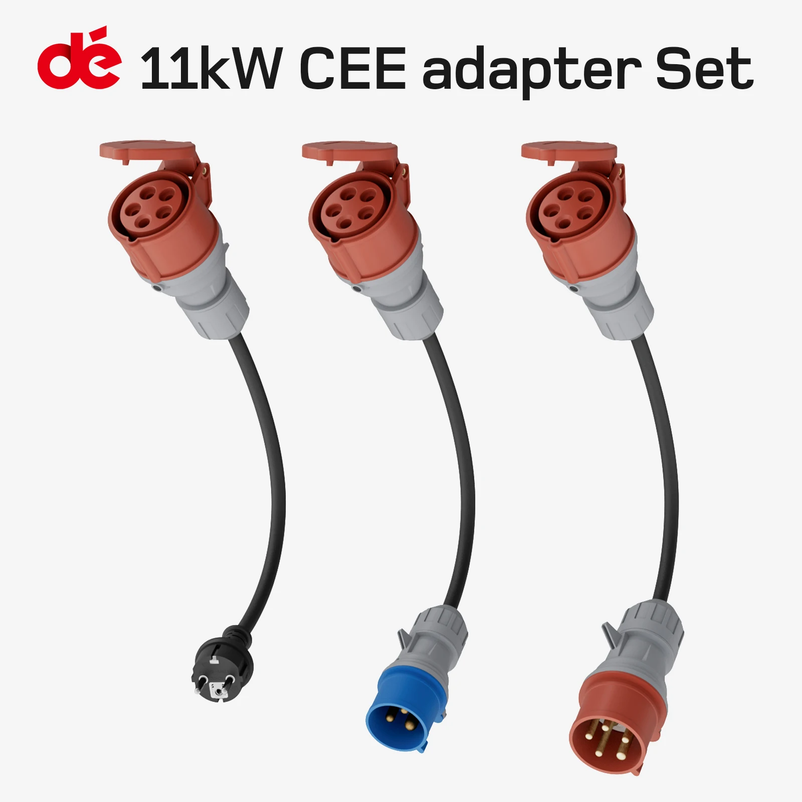 dé 11 kW CEE 16 A 5-poliges Adapter-Set inklusive 3-Phasen-32A-Rot, 1 Phasen 16 A blau, 1-Phasen-Schuko-Stecker für Ladestation EV-Ladegerät Image