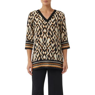 Klassische Bluse COMMA, Damen, Gr. 44, grau (grau, schwarz), Web, Obermaterial: 84% Viskose, 16% Polyamid, bedruckt, casual, regular fit Po-bedeckend, V-Ausschnitt, 3/4-Ärmel gerader Abschluss, Blusen, mit All-Over Print Image