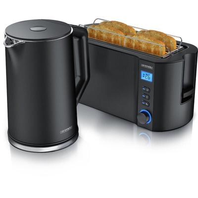 Frühstücksset, Wasserkocher elegant 1,5 Liter, 4-Scheiben Langschlitz Toaster, Schwarz - Arendo