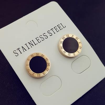TEMU 1 Pair Vintage Elegant 18k Golden Plated Stainless Steel Earrings With Roman And Black Acrylic Detail, Hypoallergenic Titanium Post For Daily And Party Wear Image