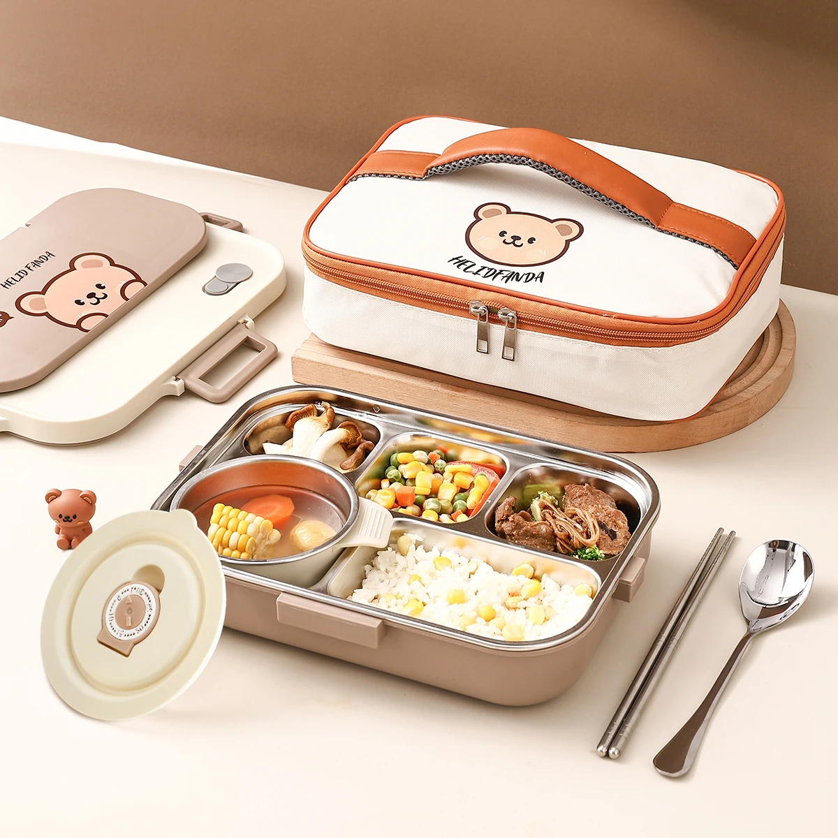 WORTHBUY Boîte à déjeuner en acier inoxydable 304, 4 grilles, avec couverts et bol, Contianer de nourriture Portable pour aliments chauds et froids pour étudiant et enfants
