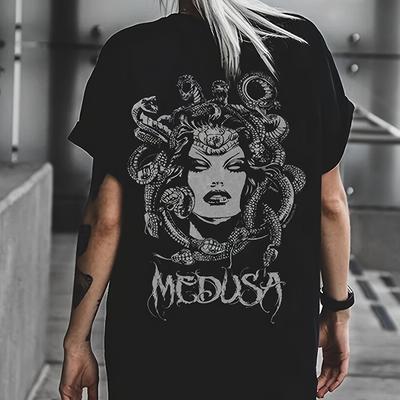 TEMU Vibrant Medusa Portrait Print Relaxed Neck T-shirt - Soft Cotton, Stretch, Micro Elasticity, Short Sleeve, Regular Length - Hand Wash Only, Spring/ Summer/ Fall Essential Image