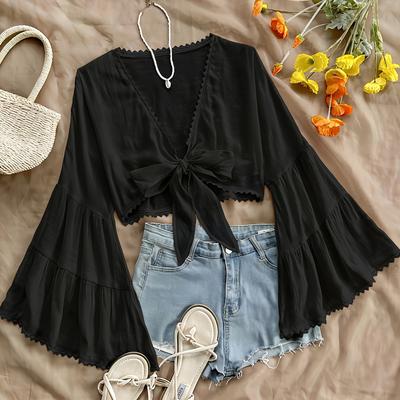 TEMU Women's Casual V-neck Blouse With Pleated Sleeves & Lace Detail - Black Mock Neck Top For Spring/summer, Casual Attire And Music Festivals, Festival Attire | | Lace Detailing, Ladies Blouse Image
