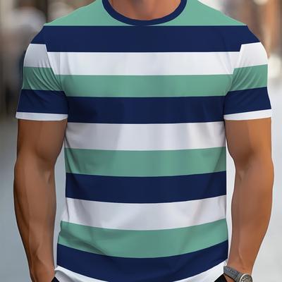 TEMU Men's Casual Short-sleeve T-shirt, Summer Breathable Striped Color- Round Neck Top. Image