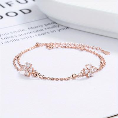 TEMU S925 Sterling Silvery Four-heart Grass Double-layer Bracelet For Women, Summer Travel, Showcasing Personality And Temperament In Hand Jewelry. Image