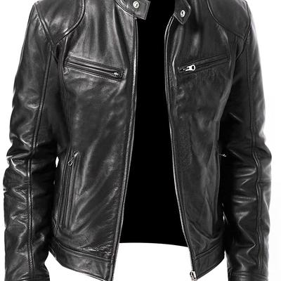 TEMU Men's Slim-fit Leather Motorcycle Jacket With Stand Collar, Zipper Front & Side Pockets - Black Sporty Biker Jacket For Casual Or Cycling Wear, Motorcycle Riding Gear, Durable Outerwear Image