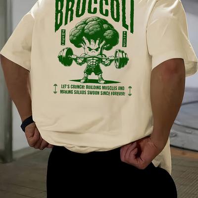 TEMU Men's Summer Casual Short Sleeve T-shirt With Funny Broccoli Graphic Print - Relaxed Fit Drop Shoulder, Breathable Round Neck Tee For Gym & Casual Attire Image
