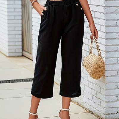TEMU Women' Color Relaxed Fit Cropped Pants With Side Pockets & Decorative Buttons - Machine Washable Straight-leg Trousers For Casual , , Comfortable Clothing, Elegant Trunk Style, Goldtoned Hardware Image