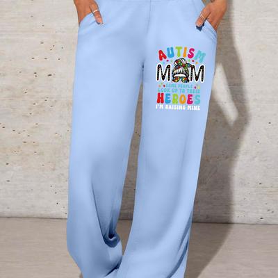 "TEMU 1pc Women's Casual Polyester Loose Fit Wide Leg Pants With Pockets, Alphabet Print "autism Mom " Graphic, Knit Fabric , High Waist Design - 100% Polyester" Image