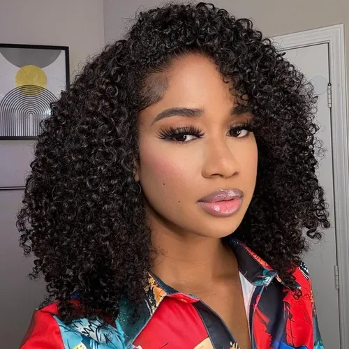 Demi-perruque bouclée cheveux humains 200 densité 3 en 1 sans couture rabat sur demi-perruques porter et aller crépus perruque bouclée cordon bandeau perruque
