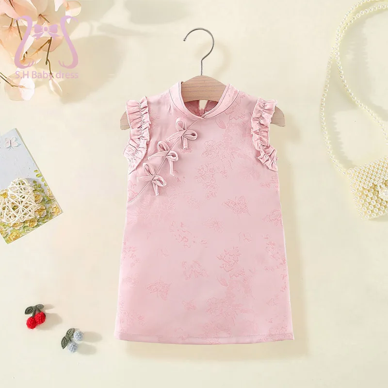 Chinesischen Stil Kinder Weiche Einfarbig Qipao Baby Mädchen Sommer Ärmelloses Kleid Nette Schleife Elegante Formale Kinder Tragen 0-4 jah Kleinkinder Image