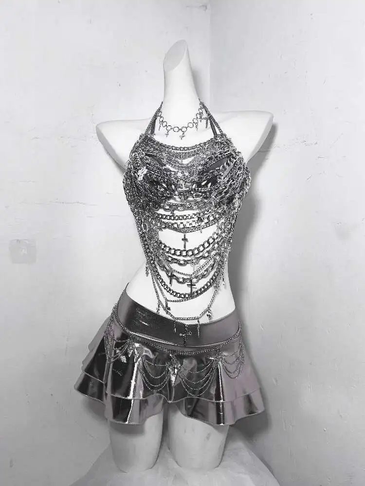 TDH Subkultur Zukunft Technologie Eisen Kette Kreuz Hohl Kette Spleißen Sexy Silber Hot Girl Set