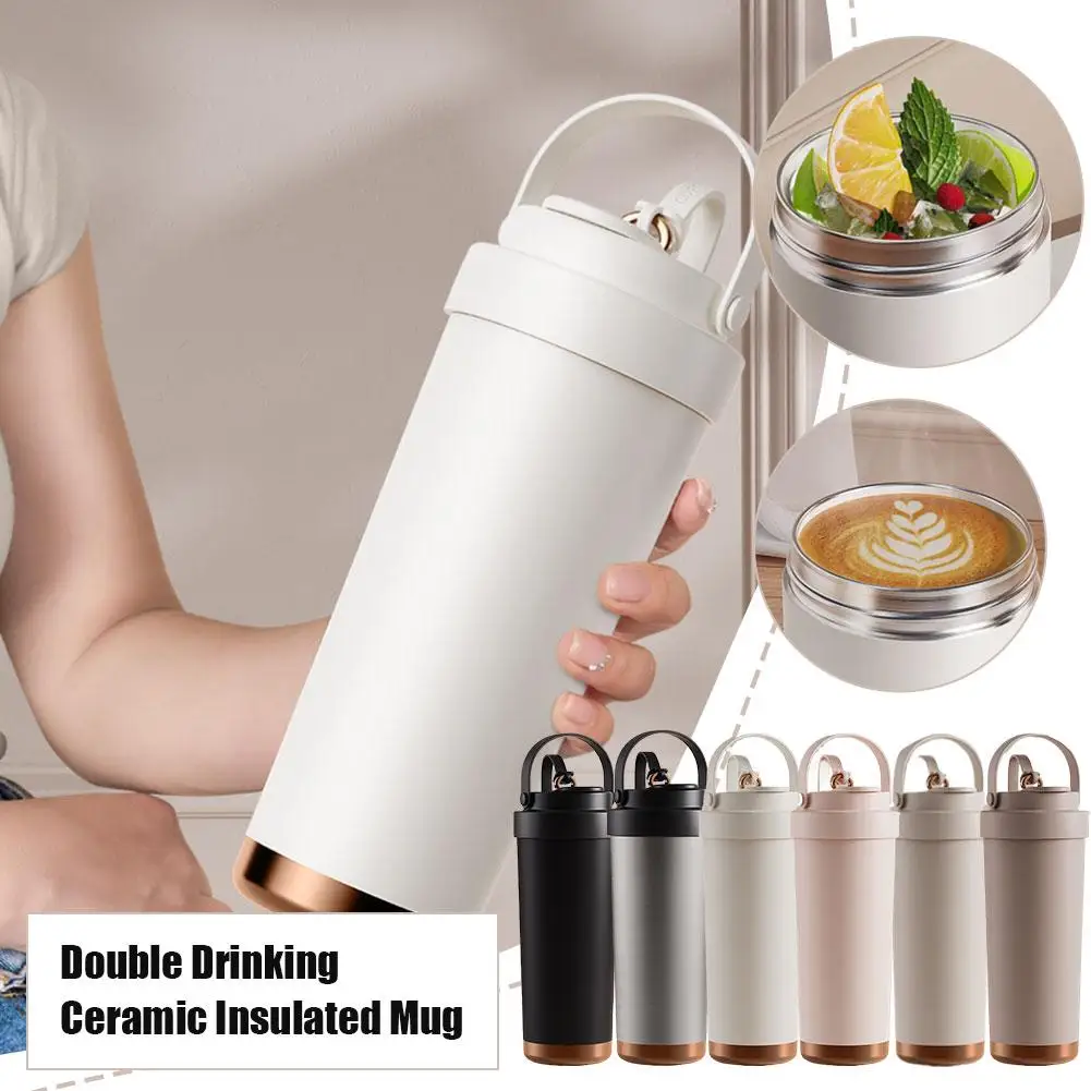 Große Kapazität Keramik Isolierflaschen Wiederverwendbare Doppelwandige Thermoskannen Edelstahl Kaffeetasse Isolierte Tasse Hause Trinkgeschirr Image