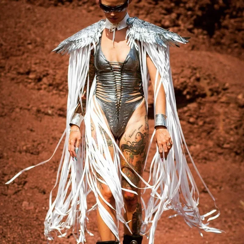 CPSYMYM Gothic Pailletten Fransen Quaste Flügel Cover Ups Unisex Y2K Cosplay Kostüme Capes Streetwear Strand Party Schal Umhang