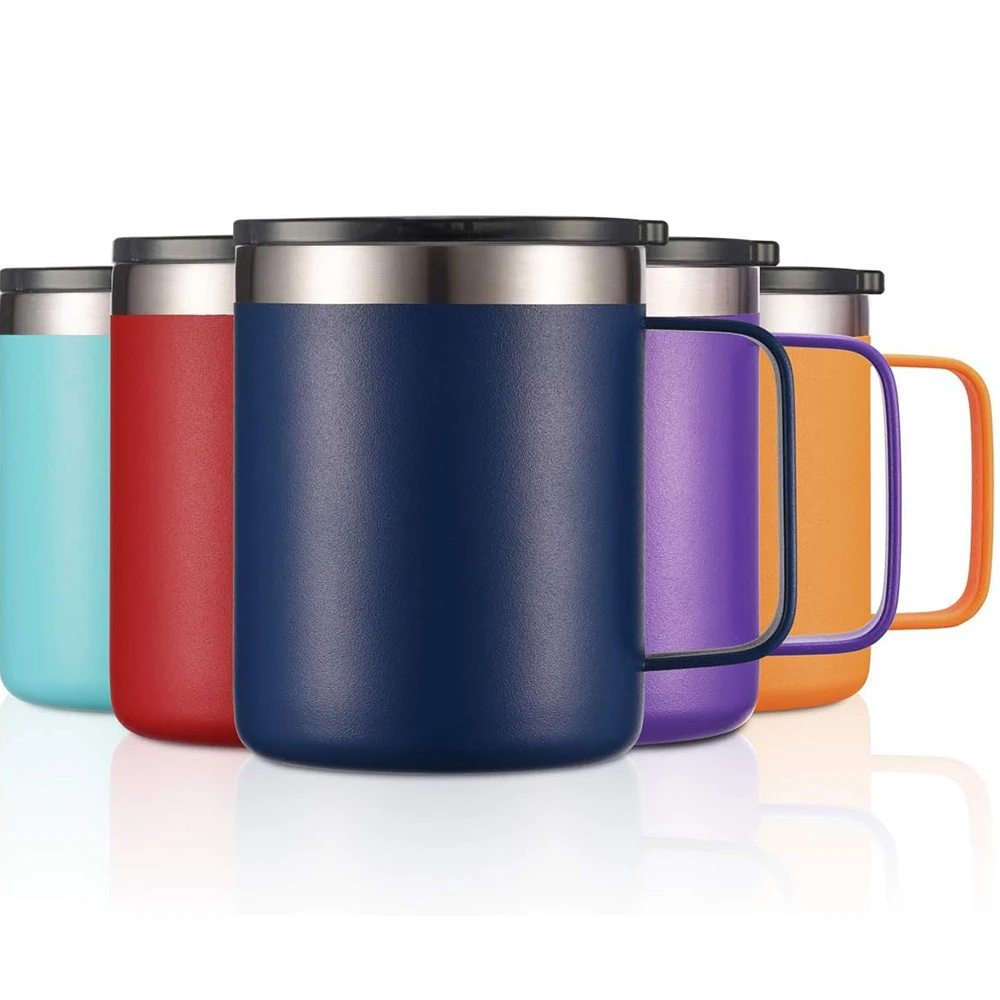 Isolierte 12-Unzen-Kaffeetasse aus Edelstahl mit Griff, doppelwandiger Vakuum-Reisebecher, Becherbecher mit Schiebedeckel für Getränke und Tee Image