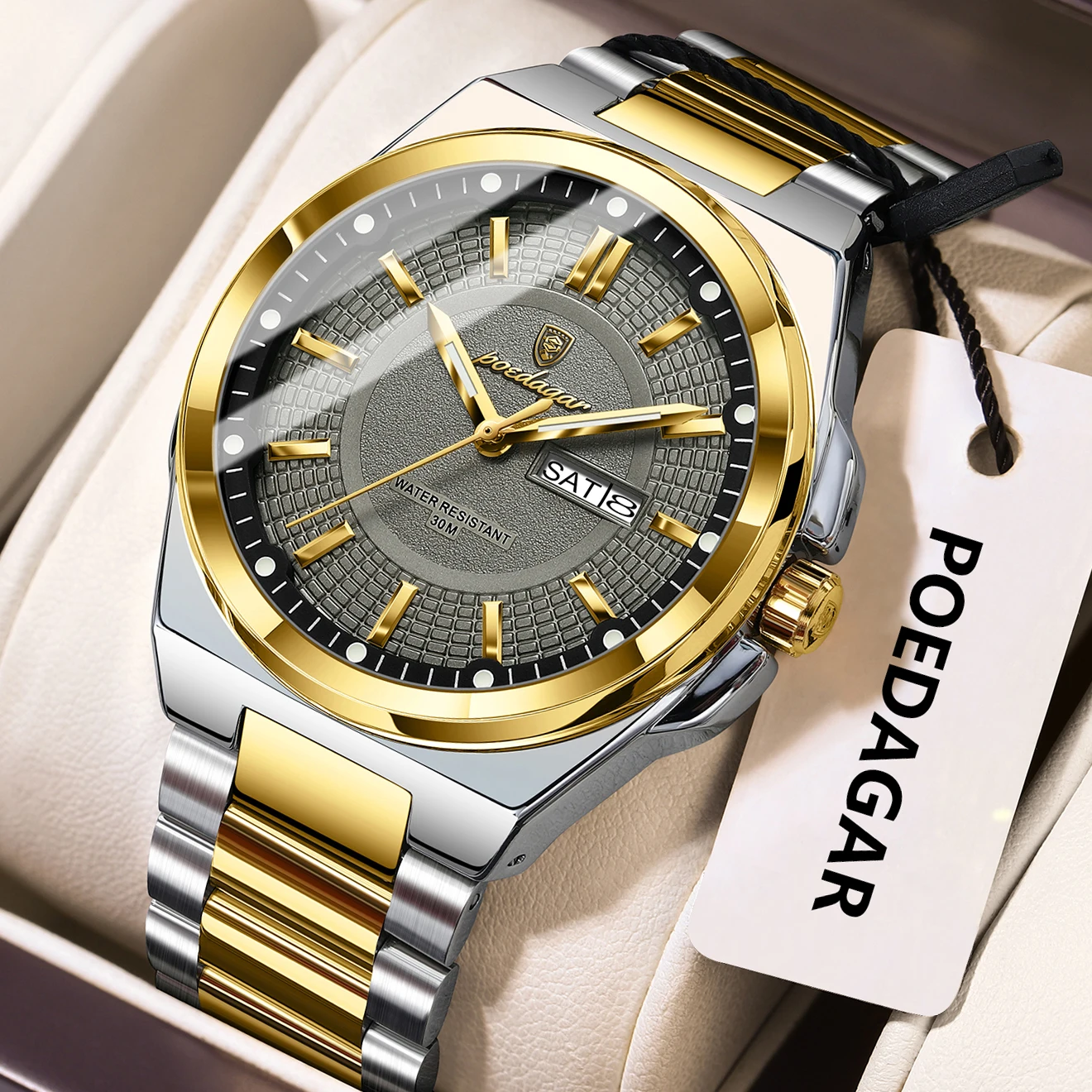 POEDAGAR Top Original Herrenuhren Edelstahl Wasserdicht Leuchtende Herrenuhr Datum Woche Klassisch Trendige Quarz Herrenarmbanduhr Image