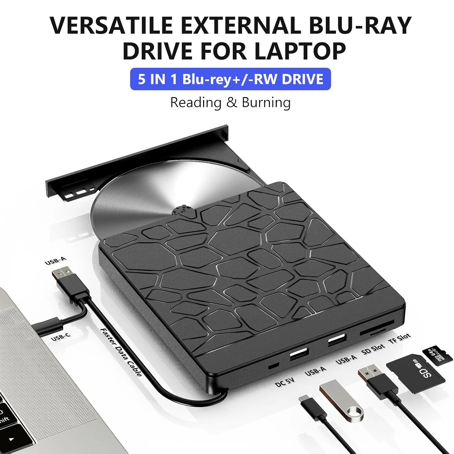 Externes Blu-ray-Laufwerk, USB 3.0 Typ-C BD-Lesegerät, DVD/CD-Brenner mit zwei USB-A-Anschlüssen, SD/TF-Steckplätze – Blu-ray-Player für Laptop-PC Image