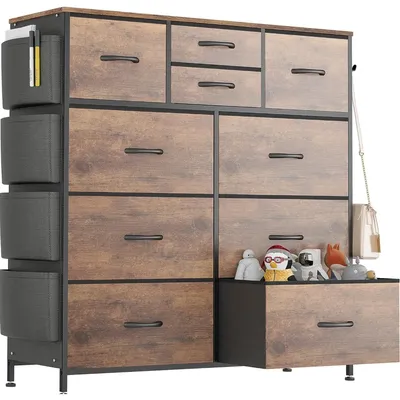 Dresser for Bedroom Chest of Drawers with Side Pockets and Hooks, Fabric Storage Organizer Unit for Living Room, Hallway, Closet