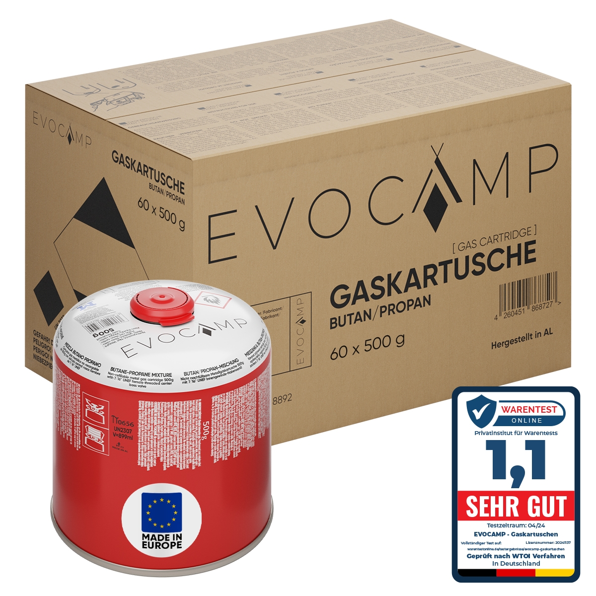 EVOCAMP 60x Gaskartuschen 500g mit Schraubventil Butan/Propan – Zuverlässige Energie für Gaskocher und Outdoor-Aktivitäten Image