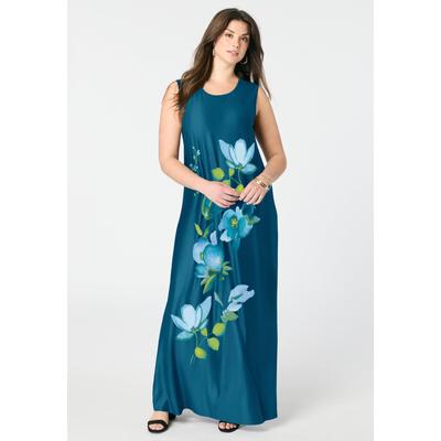 Plus Size Women's Ultrasmooth® Fabric Sleeveless Maxi Dress by Roaman's in Lagoon Floating Floral (Size 42/44)