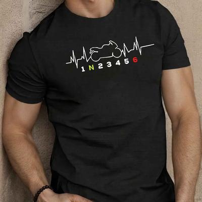 TEMU Men's Motorcycle Heartbeat Graphic Short Sleeve T-shirt - White Casual Summer Tee With , Regular Fit, Machine Washable, Breathable Fabric Image