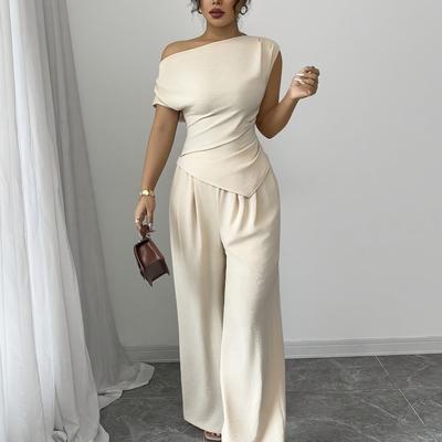 TEMU Elegant Women'-piece Set With A Single Shoulder, Sleeveless Asymmetrical Hem Top And Loose Straight Pants, A Casual . Image