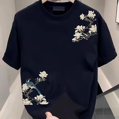 TEMU Men's 100% Cotton Short Sleeve T-shirt With Floral& Bird Print- Breathable Summer Casual Round Neck Tee, Regular Fit For Casual Attire, Natureinspired Design Image